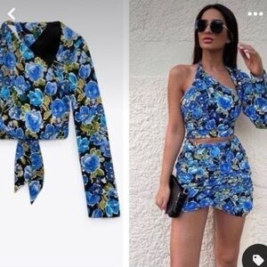 NWT Zara Blue Floral Asymmetrical open back crop top